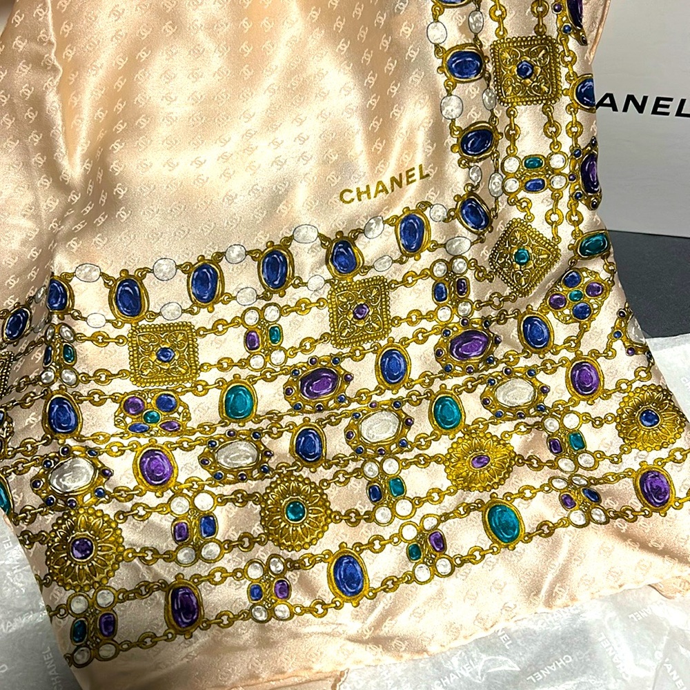 Chanel Vintage Silk Scarf in light pink with gripoix jewelry design. 34" x 34"